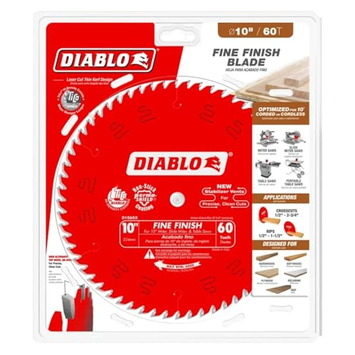 Diablo Fine Finish Saw Blade for Wood - Ultra-Smooth Cuts, 60 Hi-ATB Teeth, 10" Diameter, .098" Kerf, 5/8" Arbor - D1060X by Diablo - Image 2