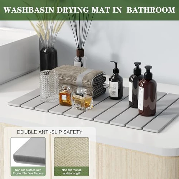 Stone Drying Mat Kitchen - 24''L x 16''W Dish Drying Mat Kitchen Mat Diatomaceous Earth Collapsible Drying Mat Eco-Friendly Absorbent Drying Stone Bath Mat Non-Slip for Dishes Bottles Cups (Grey) by Eslotre - Image 4