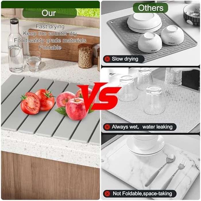 Stone Drying Mat Kitchen - 24''L x 16''W Dish Drying Mat Kitchen Mat Diatomaceous Earth Collapsible Drying Mat Eco-Friendly Absorbent Drying Stone Bath Mat Non-Slip for Dishes Bottles Cups (Grey) by Eslotre - Image 5