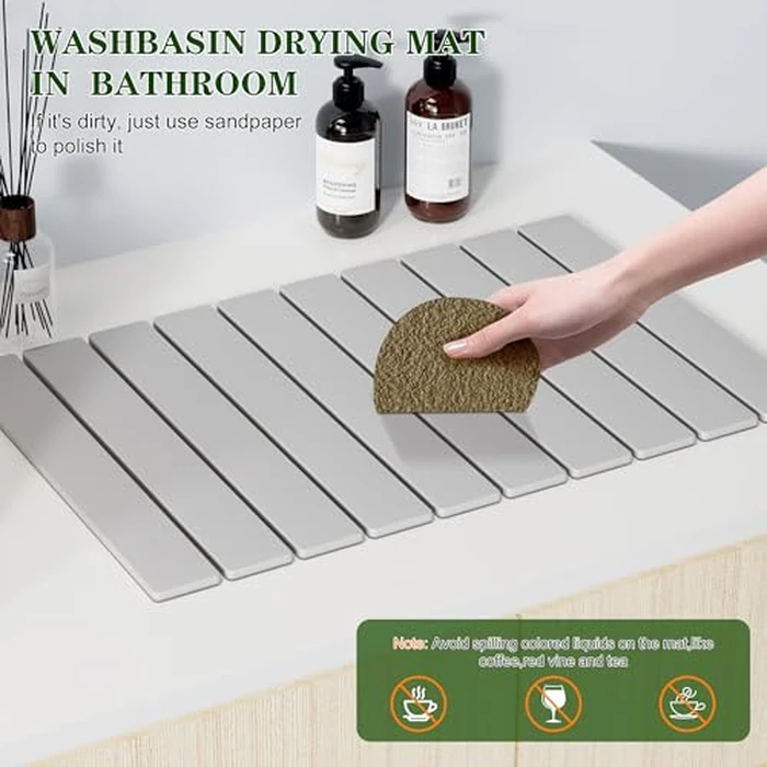 Stone Drying Mat Kitchen - 24''L x 16''W Dish Drying Mat Kitchen Mat Diatomaceous Earth Collapsible Drying Mat Eco-Friendly Absorbent Drying Stone Bath Mat Non-Slip for Dishes Bottles Cups (Grey) by Eslotre - Image 6