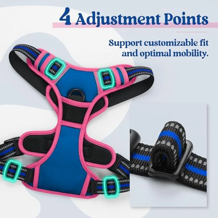 rabbitgoo Dog Harness No Pull with 2 Leash Clips, Adjustable Soft Padded, Reflective Oxford No Choke Pet Vest with Easy Control Handle for Large Dogs, Blue & Hot Pink, M by rabbitgoo - Image 4