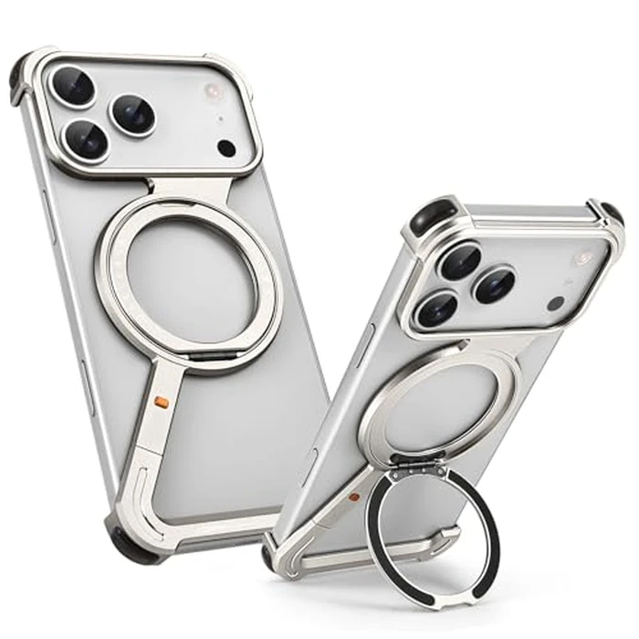 OATSBASF Minimalist Phone Case for iPhone 17 Pro Case, 360 degrees Rotation Kickstand Aluminum Metal Frameless Design Bumper Z Case, Protective Shock Grade Shell, Natural Titanium by OATSBASF - Image 1