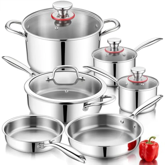 P&P CHEF 3-Ply Stainless Steel Cookware Set of 6, 10-Pieces Pots and Pans Sets Stainless Steel for Kitchen, Induction Multi Cooktops & Oven, Dishwasher Safe, Frying Pans, Saucepans, Saute Pan & Pot by P&P CHEF - Used - Very Good condition