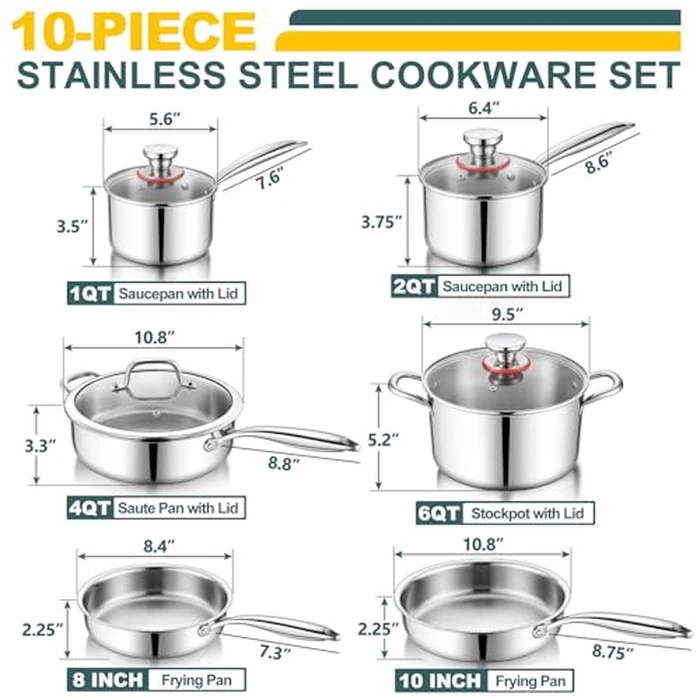 P&P CHEF 3-Ply Stainless Steel Cookware Set of 6, 10-Pieces Pots and Pans Sets Stainless Steel for Kitchen, Induction Multi Cooktops & Oven, Dishwasher Safe, Frying Pans, Saucepans, Saute Pan & Pot by P&P CHEF - Image 2