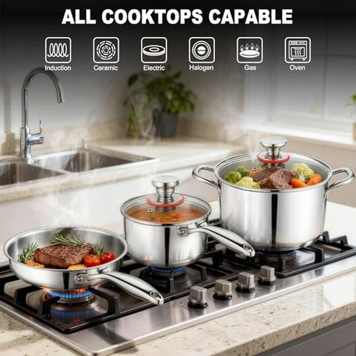 P&P CHEF 3-Ply Stainless Steel Cookware Set of 6, 10-Pieces Pots and Pans Sets Stainless Steel for Kitchen, Induction Multi Cooktops & Oven, Dishwasher Safe, Frying Pans, Saucepans, Saute Pan & Pot by P&P CHEF - Image 3
