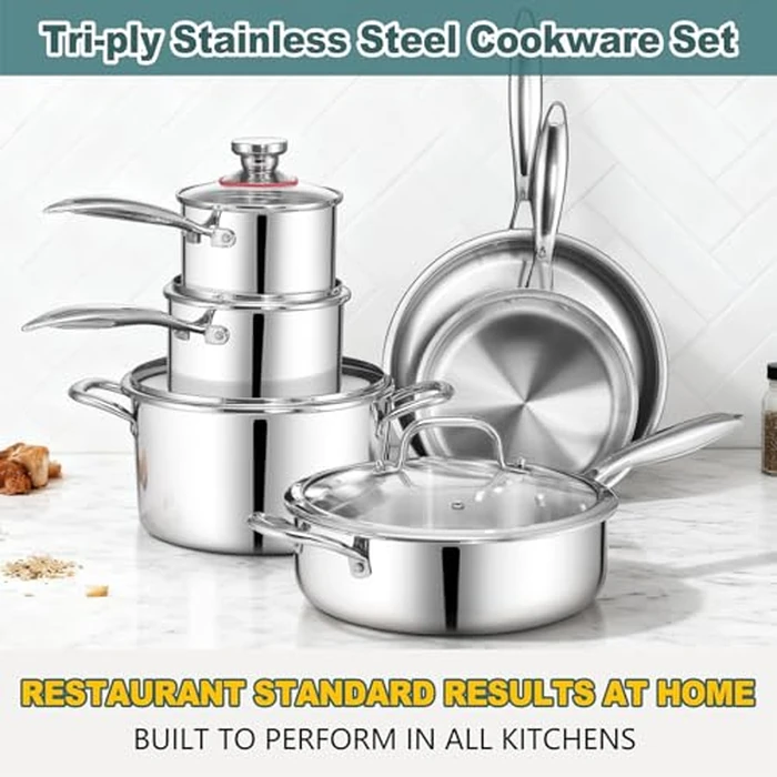 P&P CHEF 3-Ply Stainless Steel Cookware Set of 6, 10-Pieces Pots and Pans Sets Stainless Steel for Kitchen, Induction Multi Cooktops & Oven, Dishwasher Safe, Frying Pans, Saucepans, Saute Pan & Pot by P&P CHEF - Image 8