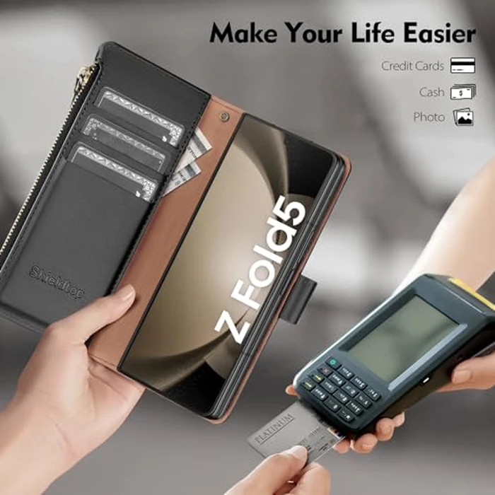 Shieldtop Compatible with Samsung Galaxy Z Fold 5 5G Wallet Case with S Pen Holder,Women Man RFID Blocking PU Leather Flip Phone Case Protective Cover Wrist Strap Credit Card Holder Slots,Black by Shieldtop - Image 6