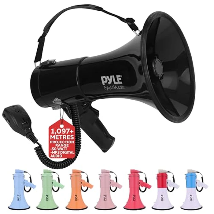 Pyle 50W Megaphone Bullhorn - Portable, Automatic Siren & Adjustable Volume, Projection Range Up to 1200 Square Yards, Aux Input, Talk, Siren, Music, Whistle, & Record, Shoulder Strap (Black) by Pyle - Image 1