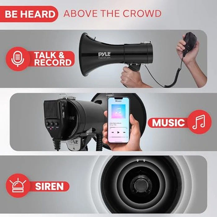 Pyle 50W Megaphone Bullhorn - Portable, Automatic Siren & Adjustable Volume, Projection Range Up to 1200 Square Yards, Aux Input, Talk, Siren, Music, Whistle, & Record, Shoulder Strap (Black) by Pyle - Image 3