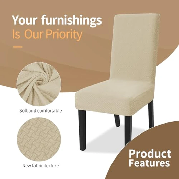 JIVINER Stretch Chair Covers for Dining Room Set of 6 Decorative Jacquard Chair Seat Protector Removable Washable Kitchen Seat Slipcover for Home, Hotel, Party (6PCS, Light Beige) by JIVINER - Image 3