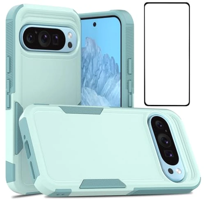 Owilon Case Compatible with Google Pixel 9/9 Pro Pixel 10/10 Pro 6.3 Inch, Cute Heavy Duty Shockproof Full Body Protection Anti-Slip Rugged Slim Grip Case Cover w/Screen Protector (Green) by Owilon - Image 1