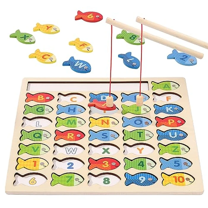Diaodey Wooden Magnetic Fishing Game for Toddlers, Montessori Fine Motor Skills Toy with Letters and Numbers, Preschool Learning ABC and Puzzle Educational Toys Gift for 3 4 5+ Year Old Kids(2 Poles) by Diaodey - Image 1