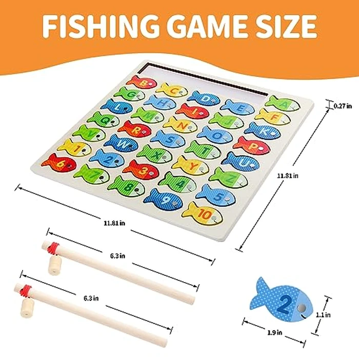 Diaodey Wooden Magnetic Fishing Game for Toddlers, Montessori Fine Motor Skills Toy with Letters and Numbers, Preschool Learning ABC and Puzzle Educational Toys Gift for 3 4 5+ Year Old Kids(2 Poles) by Diaodey - Image 2