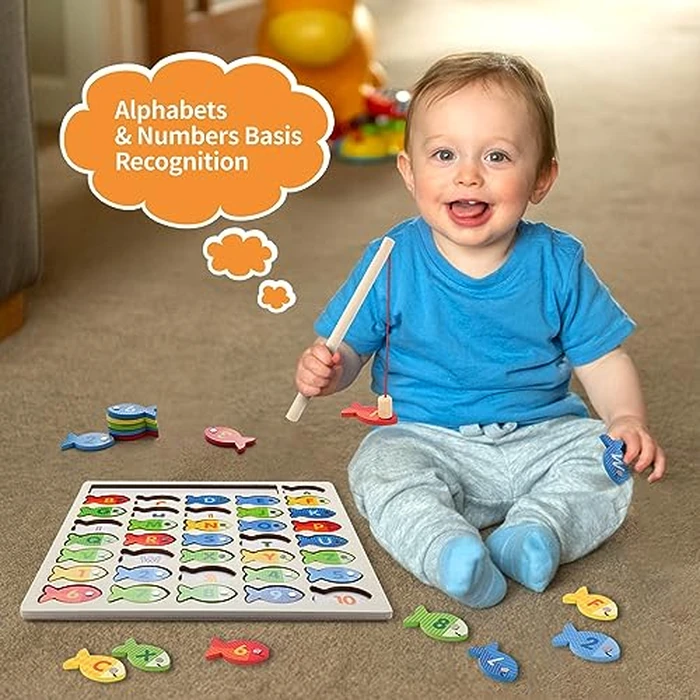 Diaodey Wooden Magnetic Fishing Game for Toddlers, Montessori Fine Motor Skills Toy with Letters and Numbers, Preschool Learning ABC and Puzzle Educational Toys Gift for 3 4 5+ Year Old Kids(2 Poles) by Diaodey - Image 3