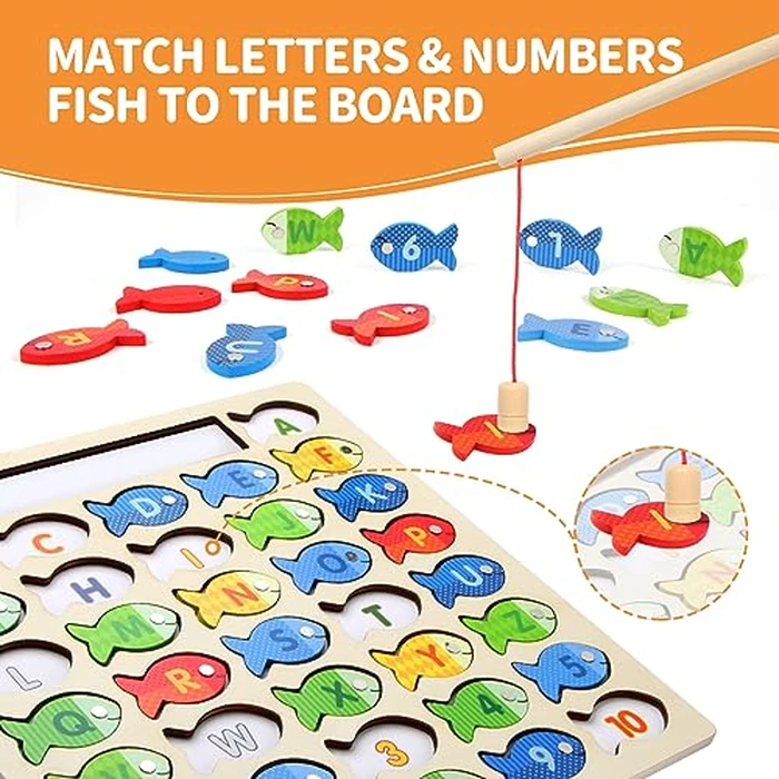 Diaodey Wooden Magnetic Fishing Game for Toddlers, Montessori Fine Motor Skills Toy with Letters and Numbers, Preschool Learning ABC and Puzzle Educational Toys Gift for 3 4 5+ Year Old Kids(2 Poles) by Diaodey - Image 4
