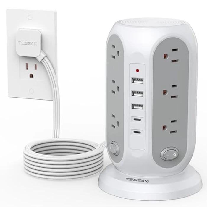 TESSAN Tower Power Strip with Individual Switches, Surge Protector with 12 Outlets, 5 USB Ports(2 USB C), Flat Extension Cord 10 Ft, 1250W, Charging Station for Multiple Devices, Office, Dorm, Grey by TESSAN - Used - Like New condition - US$28.49