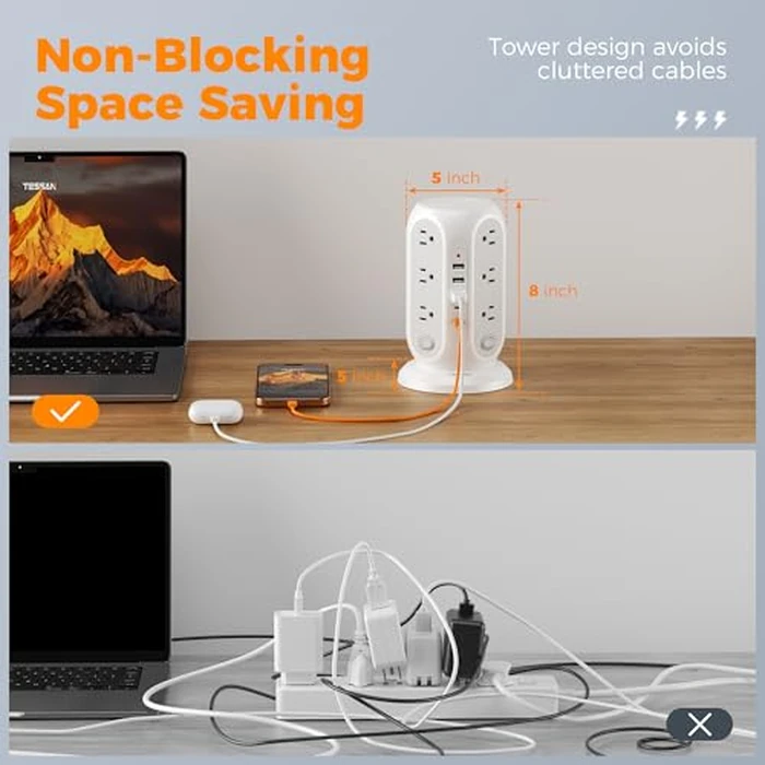 TESSAN Tower Power Strip with Individual Switches, Surge Protector with 12 Outlets, 5 USB Ports(2 USB C), Flat Extension Cord 10 Ft, 1250W, Charging Station for Multiple Devices, Office, Dorm, Grey by TESSAN - Image 3
