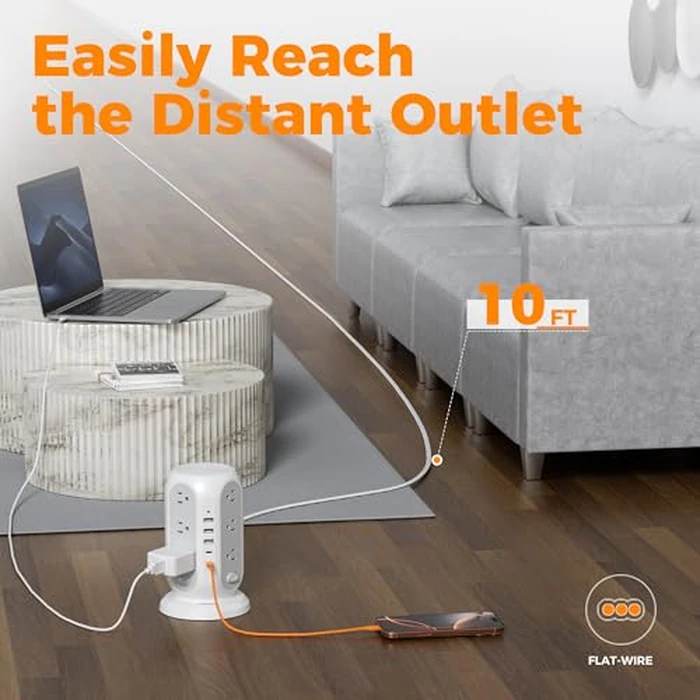TESSAN Tower Power Strip with Individual Switches, Surge Protector with 12 Outlets, 5 USB Ports(2 USB C), Flat Extension Cord 10 Ft, 1250W, Charging Station for Multiple Devices, Office, Dorm, Grey by TESSAN - Image 6