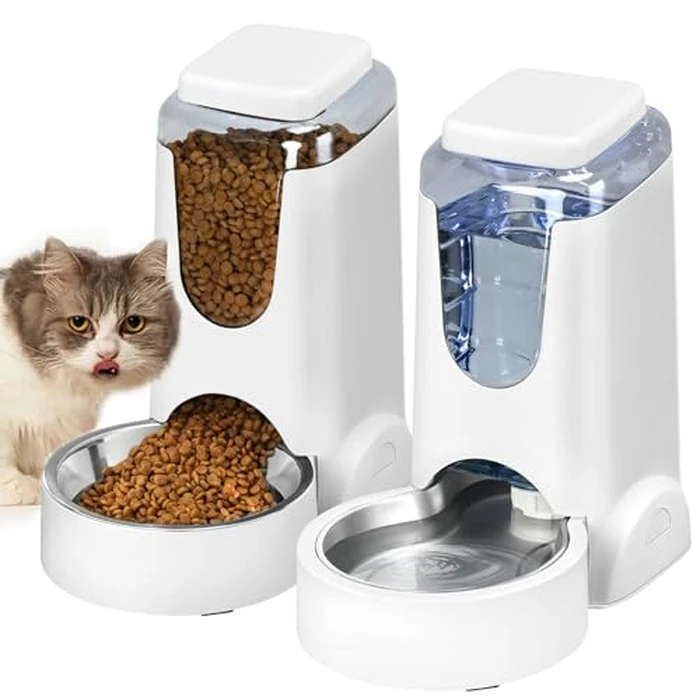 Automatic Cat Feeder and Water Dispenser with Stainless Steel Bowl Dog Gravity Food Feeder and Waterer for Small Medium Pets Puppy Kitten 1 Gallon x 2 by HWONMTE - Image 1