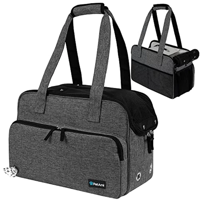 PetAmi Small Dog Purse Carrier, Soft-Sided Pet Carrier Bag with Pockets, Portable Puppy Cat Travel Handbag Tote, Airline Approved Breathable Mesh, Poop Bag Dispenser, Sherpa Bed, Max 18 lbs, Dark Gray by PetAmi - Used - Very Good condition - US$26.78