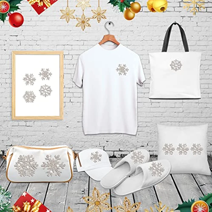 Geosar 20 Pcs Christmas Snowflake Patches Chenille Xmas Iron on Patches Self Adhesive Snowflake Applique Glitter Rhinestone Patch Sticker for Clothes Hat Jacket Dress Jeans DIY, Silver White by Geosar - Image 7