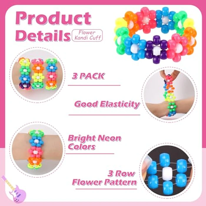 3 Pcs Flower Kandi Bracelets Neon Colored Stretch Rave Candy Bracelets Multi Color Beaded Flower Kandi Cuff Rave Accessories Jewelry Music Party Favor for Women Friends EDM Party Music Festival by SMAODSGN - Image 3