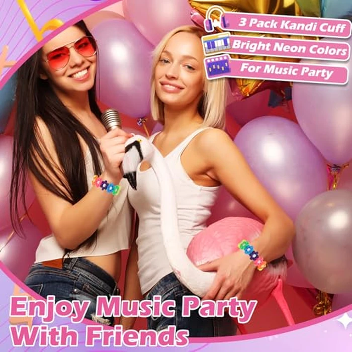 3 Pcs Flower Kandi Bracelets Neon Colored Stretch Rave Candy Bracelets Multi Color Beaded Flower Kandi Cuff Rave Accessories Jewelry Music Party Favor for Women Friends EDM Party Music Festival by SMAODSGN - Image 4