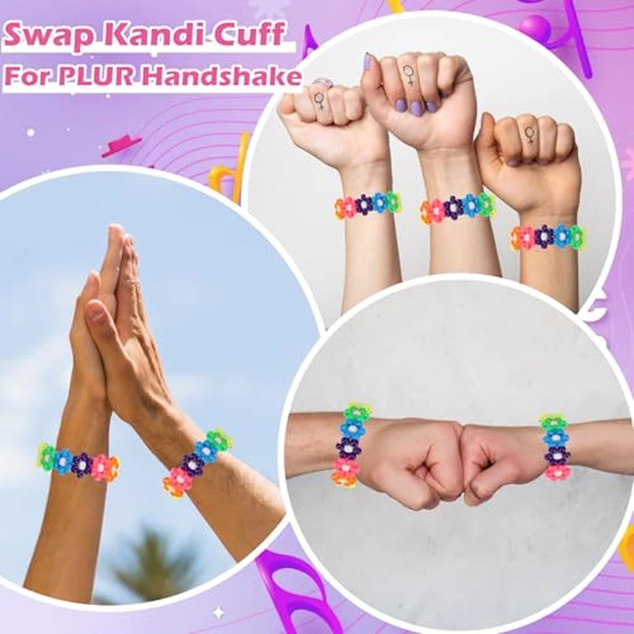 3 Pcs Flower Kandi Bracelets Neon Colored Stretch Rave Candy Bracelets Multi Color Beaded Flower Kandi Cuff Rave Accessories Jewelry Music Party Favor for Women Friends EDM Party Music Festival by SMAODSGN - Image 7