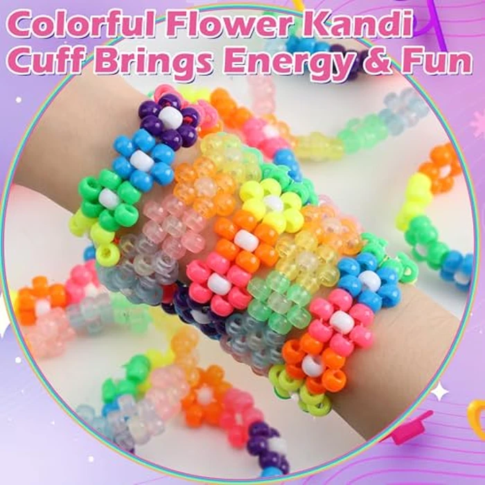 3 Pcs Flower Kandi Bracelets Neon Colored Stretch Rave Candy Bracelets Multi Color Beaded Flower Kandi Cuff Rave Accessories Jewelry Music Party Favor for Women Friends EDM Party Music Festival by SMAODSGN - Image 8