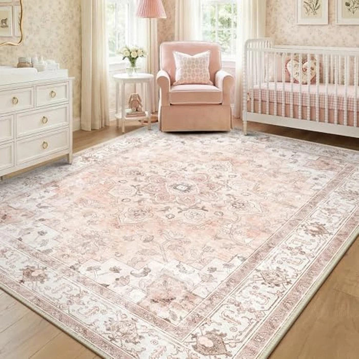 CAPALOCA Machine Washable Rugs Nursery Rug 8x10 Cute Girl Non Slip Low Pile Water Repellent Soft Print Pattern for Bedroom Indoor Decor Kids Playroom Pink by CAPALOCA - Used - Very Good condition