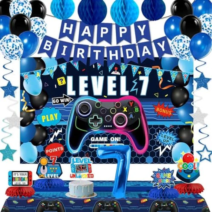 Video Game 7th Birthday Decorations for Boys, Blue Level 7 Party Decor Kits for Boy, 7 Years Old Game Supplies- Backdrop Honeycomb balls Hanging Swirls Centerpieces Balloons Tablecloth Cake topper by Juesly - Used - Like New condition - US$18.04
