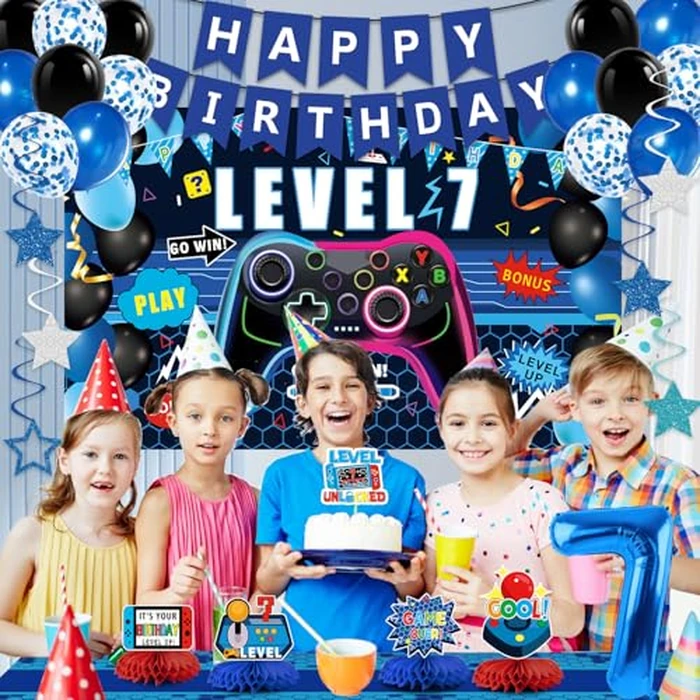 Video Game 7th Birthday Decorations for Boys, Blue Level 7 Party Decor Kits for Boy, 7 Years Old Game Supplies- Backdrop Honeycomb balls Hanging Swirls Centerpieces Balloons Tablecloth Cake topper by Juesly - Image 4