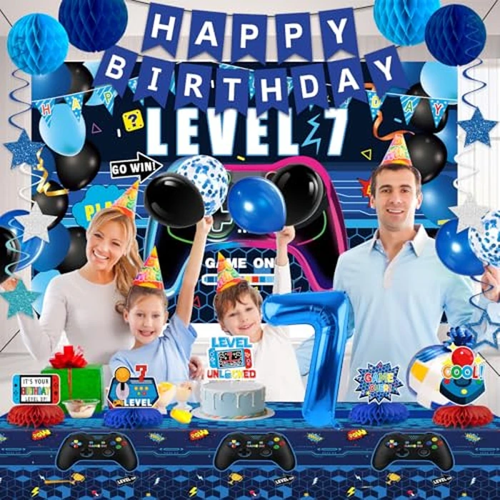 Video Game 7th Birthday Decorations for Boys, Blue Level 7 Party Decor Kits for Boy, 7 Years Old Game Supplies- Backdrop Honeycomb balls Hanging Swirls Centerpieces Balloons Tablecloth Cake topper by Juesly - Image 5