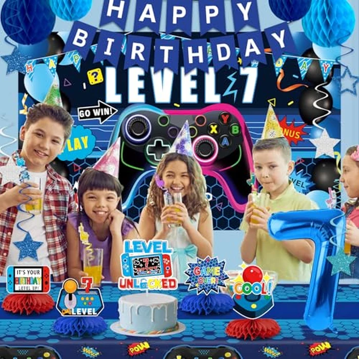 Video Game 7th Birthday Decorations for Boys, Blue Level 7 Party Decor Kits for Boy, 7 Years Old Game Supplies- Backdrop Honeycomb balls Hanging Swirls Centerpieces Balloons Tablecloth Cake topper by Juesly - Image 6