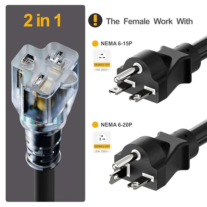 6-Feet (1.8Meter) 20 Amp-250 Volt Nema 6-20P Extension Cord, 12AWG Nema 6-20 Heavy Duty Extension Cable, Nema 6-15/20R T-Blade Cord with Red Indicator Light, Black Color for Air Conditioner Etc. by Plugrand - Image 2