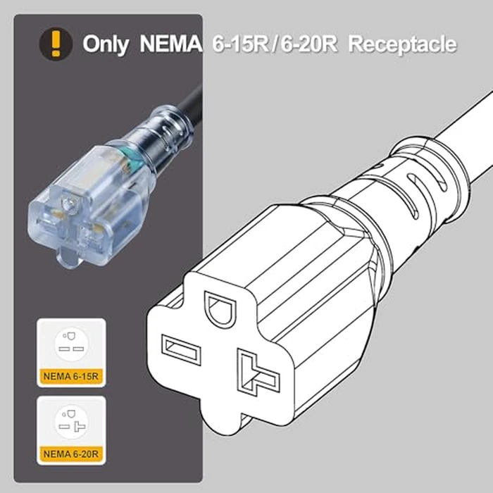 6-Feet (1.8Meter) 20 Amp-250 Volt Nema 6-20P Extension Cord, 12AWG Nema 6-20 Heavy Duty Extension Cable, Nema 6-15/20R T-Blade Cord with Red Indicator Light, Black Color for Air Conditioner Etc. by Plugrand - Image 3