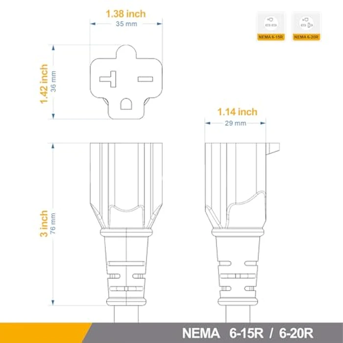 6-Feet (1.8Meter) 20 Amp-250 Volt Nema 6-20P Extension Cord, 12AWG Nema 6-20 Heavy Duty Extension Cable, Nema 6-15/20R T-Blade Cord with Red Indicator Light, Black Color for Air Conditioner Etc. by Plugrand - Image 5