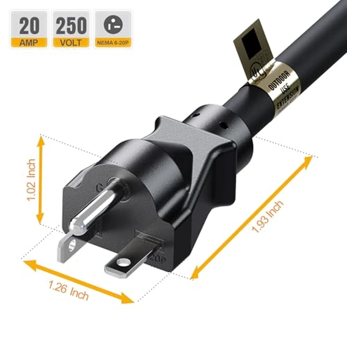 6-Feet (1.8Meter) 20 Amp-250 Volt Nema 6-20P Extension Cord, 12AWG Nema 6-20 Heavy Duty Extension Cable, Nema 6-15/20R T-Blade Cord with Red Indicator Light, Black Color for Air Conditioner Etc. by Plugrand - Image 7