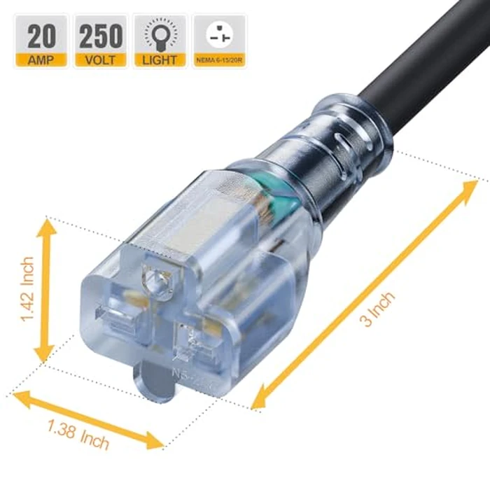 6-Feet (1.8Meter) 20 Amp-250 Volt Nema 6-20P Extension Cord, 12AWG Nema 6-20 Heavy Duty Extension Cable, Nema 6-15/20R T-Blade Cord with Red Indicator Light, Black Color for Air Conditioner Etc. by Plugrand - Image 8