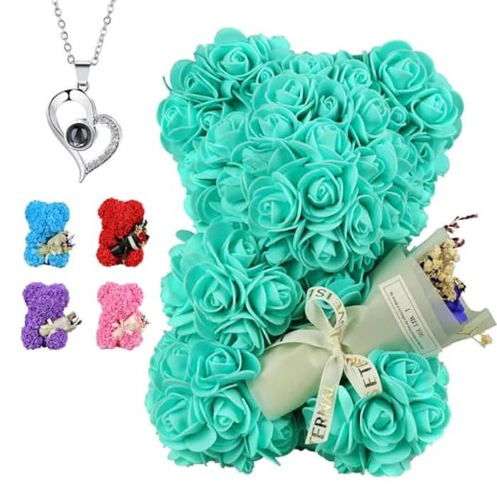 K KYMAKE Rose Bear Valentines Day Gifts for Her, Rose Teddy Bear Romantic Gifts for Girlfriend Wife Mom,Flower Bear with Rose Bouquet and 100 Languages I Love You Necklace by K KYMAKE - Used - Like New condition