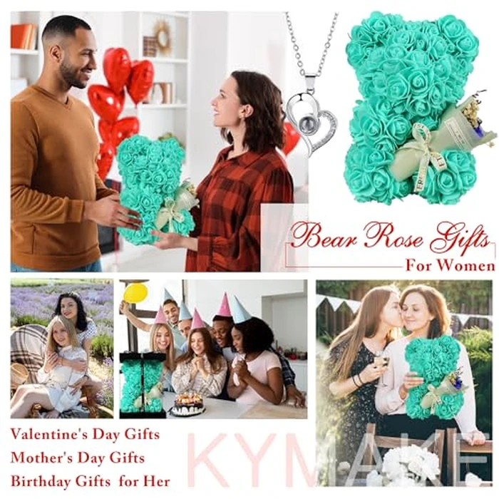 K KYMAKE Rose Bear Valentines Day Gifts for Her, Rose Teddy Bear Romantic Gifts for Girlfriend Wife Mom,Flower Bear with Rose Bouquet and 100 Languages I Love You Necklace by K KYMAKE - Image 5