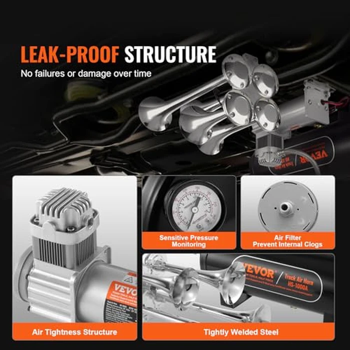 VEVOR Train Horns Kit, 4 Trumpet Air Horn Kit, 150dB Train Horns for Pickup Trucks, 12V 160 psi Air Compressor 2.6 Gal/10 L Tank with Gauge for Any 12V Vehicle Car Truck Train Van Boat by VEVOR - Image 5