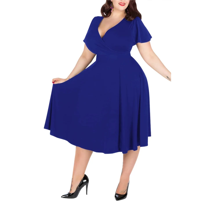 Nemidor Plus Size Dresses for Curvy Women Casual Summer V Neck Short Sleeve Midi Cocktail Vintage Dress with Pocket(073,18,Royal Blue) by Nemidor - Used - Like New condition - US$24.59