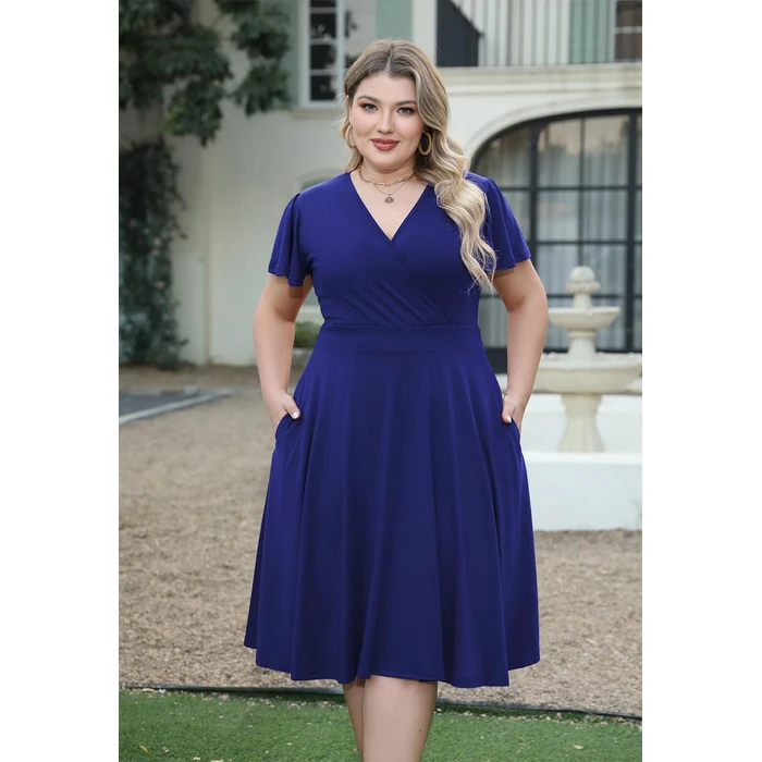 Nemidor Plus Size Dresses for Curvy Women Casual Summer V Neck Short Sleeve Midi Cocktail Vintage Dress with Pocket(073,18,Royal Blue) by Nemidor - Image 4