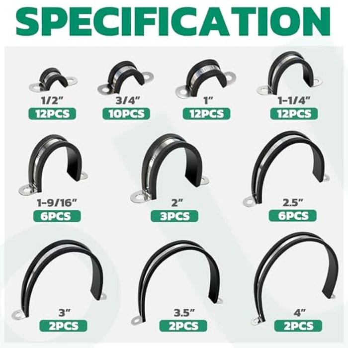 OURU 67pcs Pipe Clamp Assortment Kit 304 Stainless Steel, 10 Sizes (1/2"-4") Heavy Duty Rubber Cushioned Insulated Pipe Strap, U Bracket Clamp Conduit Clamp for Automotive, Wire & Tube by OURU - Image 2
