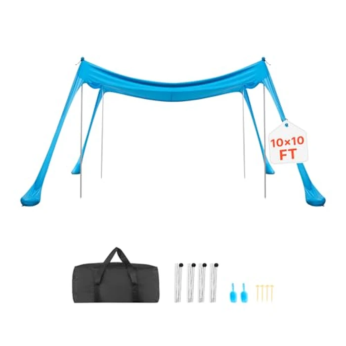 VEVOR Beach Tent Sun Shelter, UPF50+ Sun Protection, 6.6 ft Tall, 10x10 ft, Easy Pop Up Beach Canopy with 4 Sandbags, Stability Poles, Sand Shovels, Portable Shade for Family Outings, Camping, Fishing by VEVOR - Used - Good condition - CA$76.96