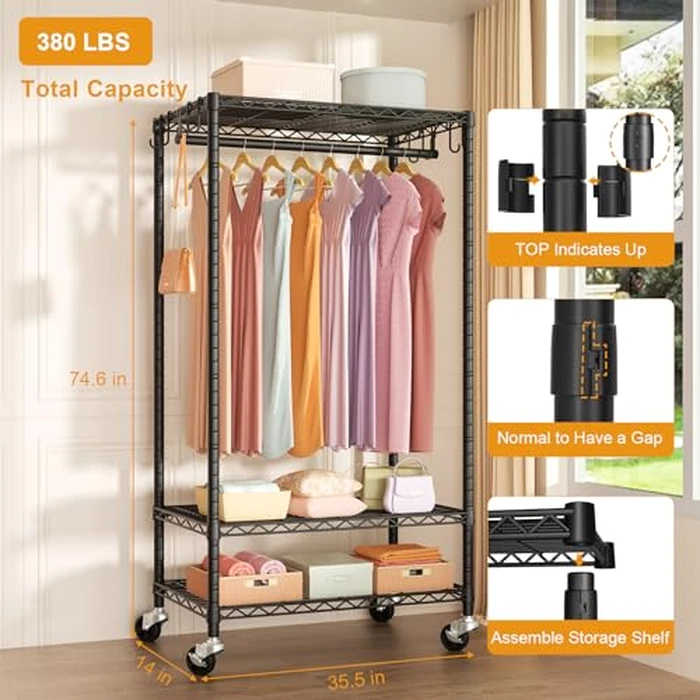 FUTASSI P6 Rolling Clothes Rack Heavy Duty, Clothing Racks for Hanging Clothes, Freestanding Garment Rack with Wheels, Portable Closet Rack Max Load 380 LBS, 35.5'' W x 14'' D x 74.6'' H, Black by FUTASSI - Image 6