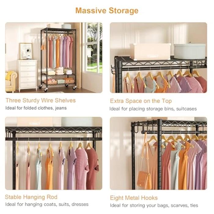 FUTASSI P6 Rolling Clothes Rack Heavy Duty, Clothing Racks for Hanging Clothes, Freestanding Garment Rack with Wheels, Portable Closet Rack Max Load 380 LBS, 35.5'' W x 14'' D x 74.6'' H, Black by FUTASSI - Image 7