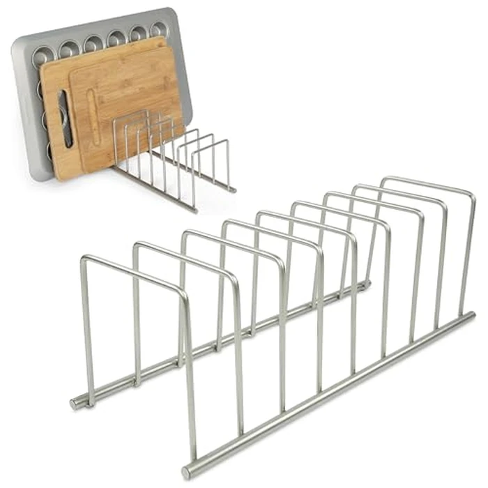 Spectrum Diversified Euro Kitchen Lid Organizer for Plates, Cutting Boards, Bakeware, Cooling Racks, Pots & Pans, Serving Trays, and Reusable Containers, Satin Nickel by Spectrum - Image 1