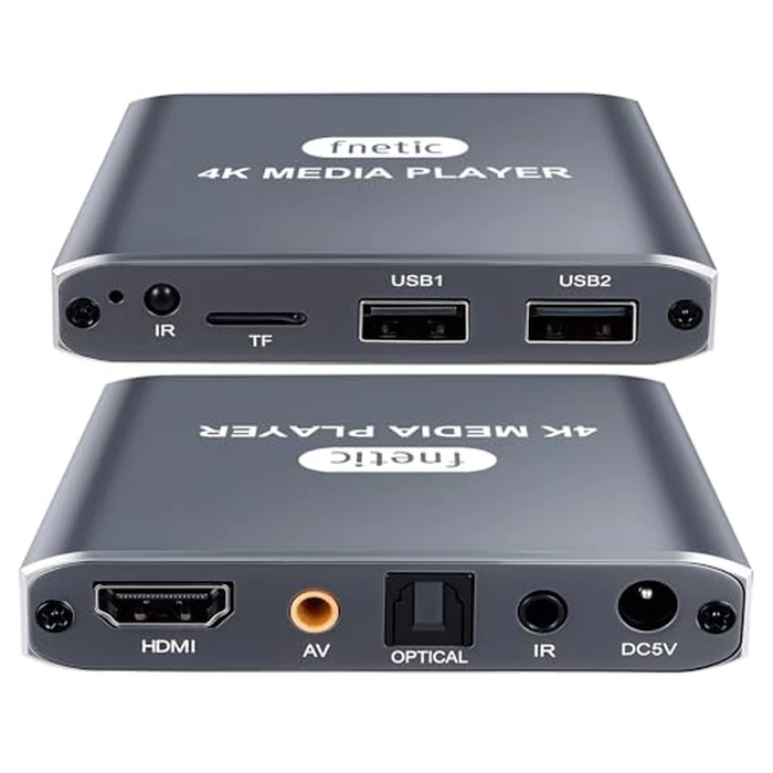 4K HD Digital Media Player, TV MP4 Video Player for USB Drive/Micro SD Card, Auto Playback, Digital Signage, H.265/HEVC, Optical/HDMI/AV Output, Grey by fnetic - Used - Very Good condition - CA$54.19